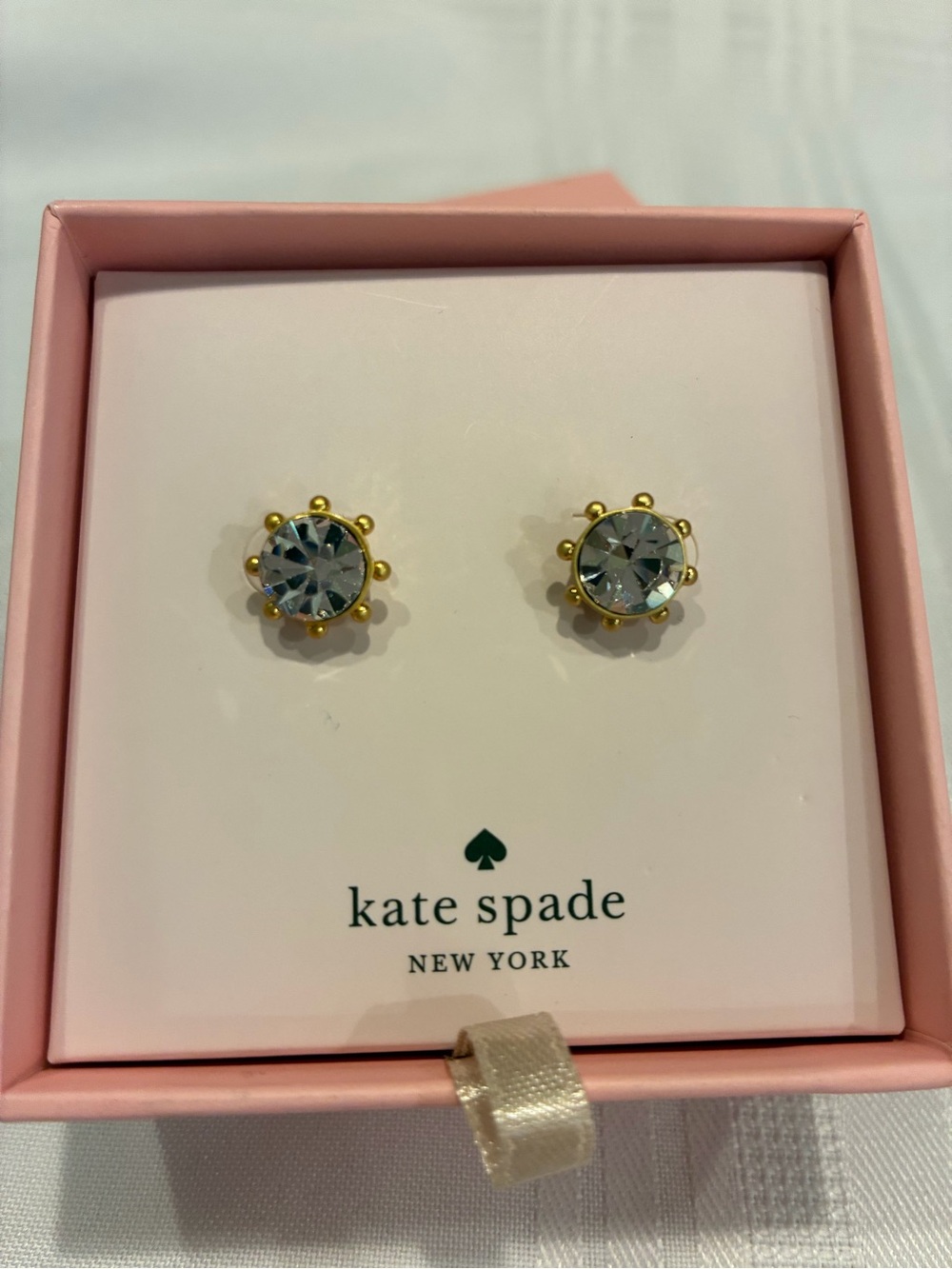 Kate Spade New in Box Flying Colors Bezel Stud Crystal Gold Tone Earrings